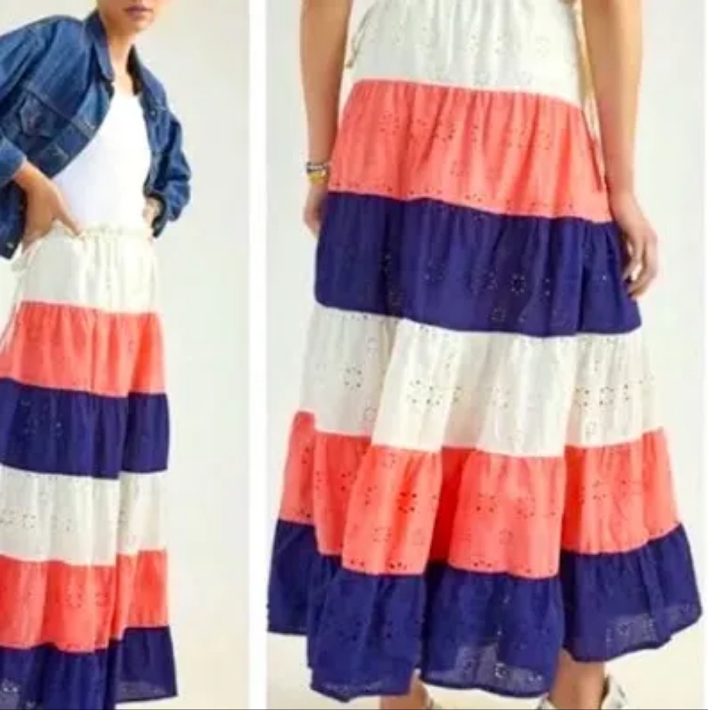 ANTHROPOLOGIE HUTCH MAXI SKIRT PINK COMBO EYELET NEW NWT XS